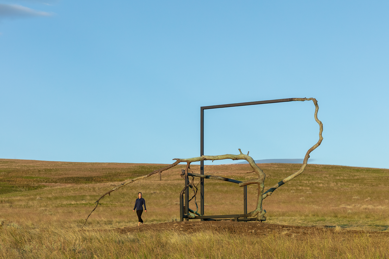 Causa Formalis is a sculpture by Alicja Kwade installed in the rolling grasslands of Tippet Rise Art Center.