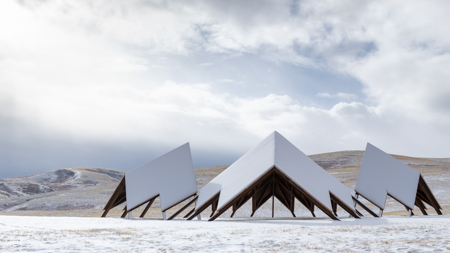 The Geode at Tippet Rise Art Center is covered in white following a snow storm.