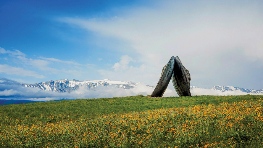 The Inverted Portal amidst a late spring field of arrowleaf balsamroot. Photo by Emily Rund.