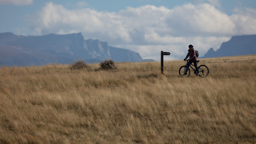A cyclist stops to take in the views of the Beartooth Mountains.