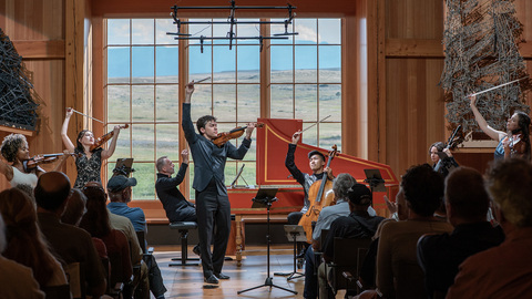 A large ensemble of sting players lift thier bows at the crescendo of a performance.
