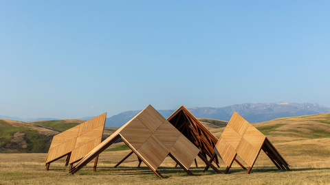 The Geode is an outdoor music venue resebmling a deconstructed pyramid at Tippet Rise Art Center.
