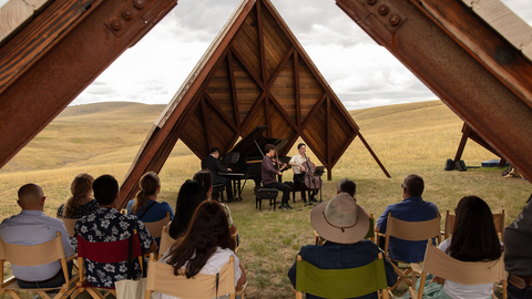 The Geode is an outdoor music venue resembling a deconstructed pyramid at Tippet Rise Art Center.