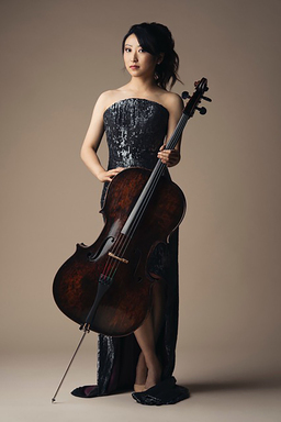 Sydney Lee wears a black sequin dress holding her cello.