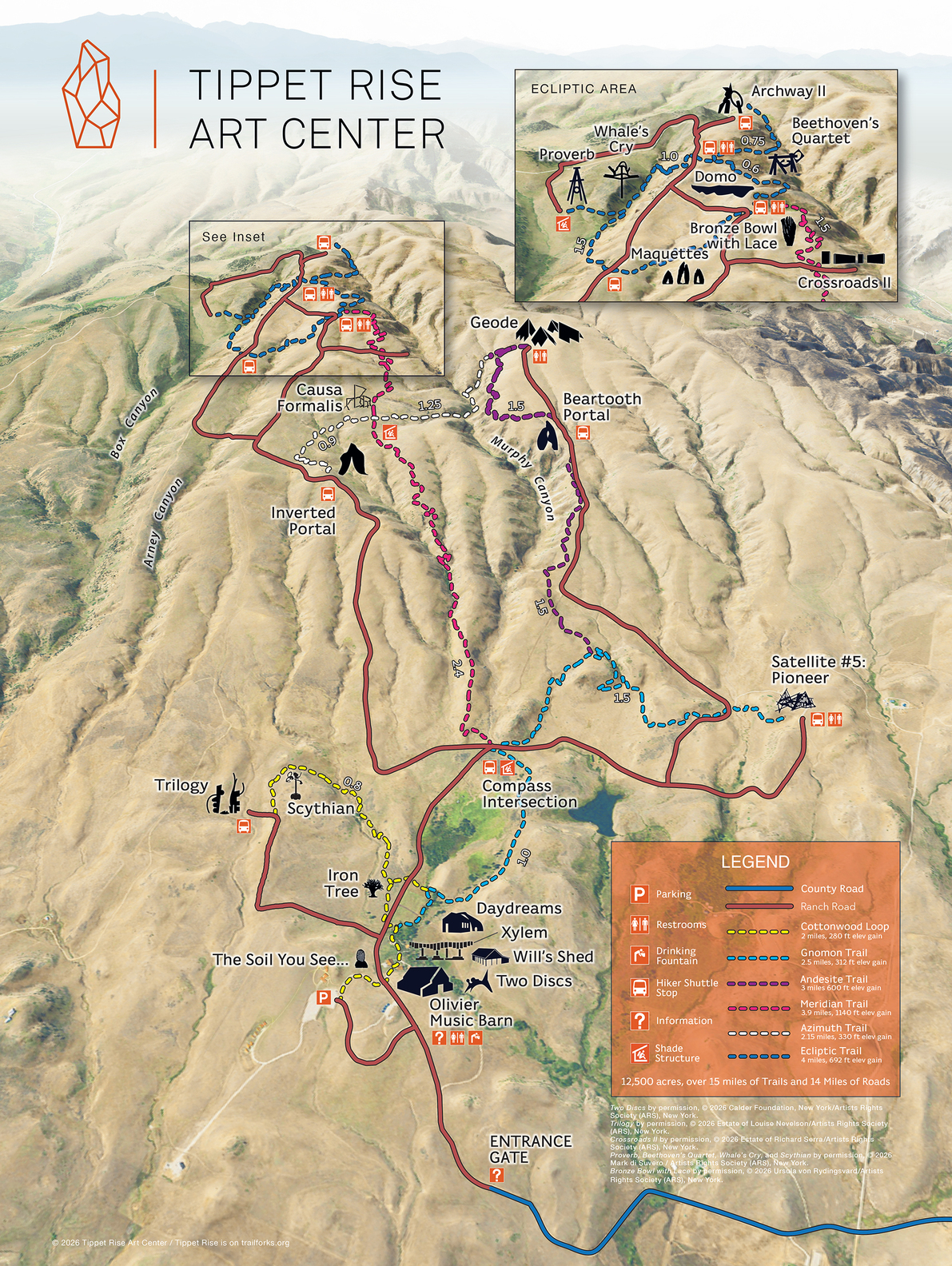 A map of Tippet Rise displays the hiking & Biking trails and artwork installed at the art center.
