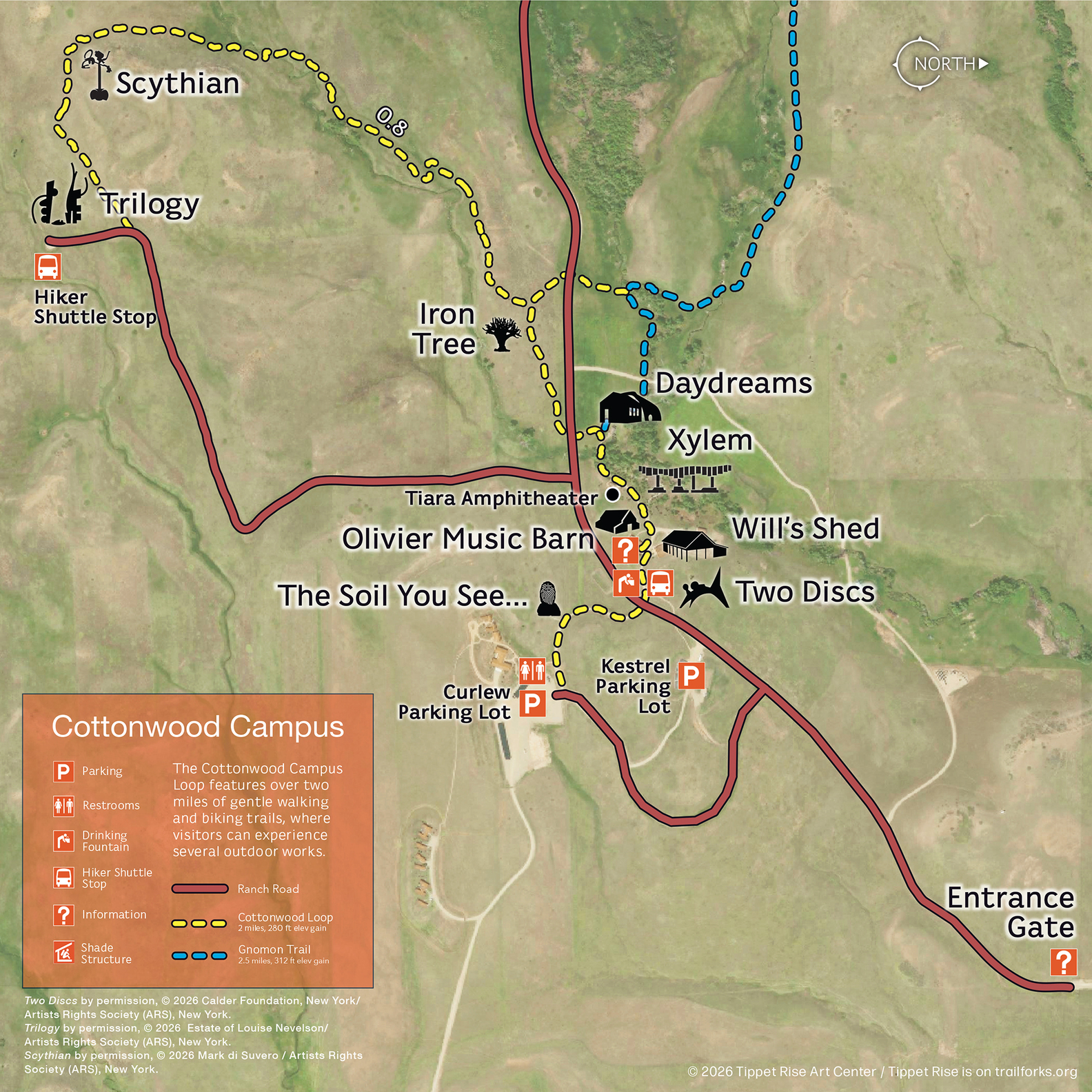 A map of the Cottonwood Campus displays the trails and artwork installed at the main campus of the art center.
